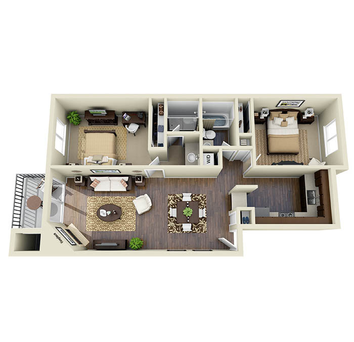 Floor plan for 2 beds, 2 baths, 1096 sqft